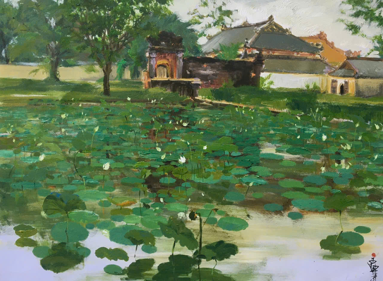 Tranh Sen trong mùa hạ tử cấm thành 60x80cm, trưng bày tại Nhung Art Space Huế – nghệ thuật đương đại trên chất liệu sơn dầu.